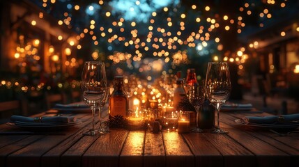 Obraz premium Elegant New Year Table Setting with Bokeh on a Wooden Table for Festive Celebrations