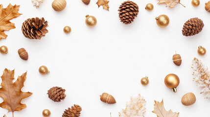 Obraz premium A simple and elegant holiday flat lay, showcasing golden pinecones, acorns, and intricate gold ornaments against a bright white background. The uncluttered composition and use of n