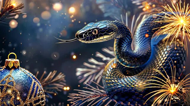 A snake is curled up next to a Christmas ornament