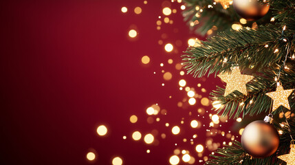 An elegant holiday frame with pine branches draped in twinkling fairy lights and golden star ornaments, set against a deep red backdrop. The scene is filled with a soft, warm glow,