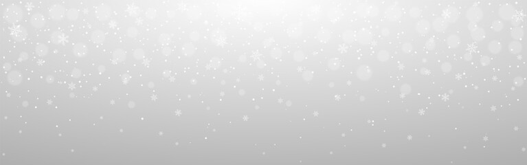 Snowflakes background. White snow wallpaper. Winter snowy texture. Christmas poster template. Silver holiday concept. Beautiful greeting card backdrop. Vector illustration.