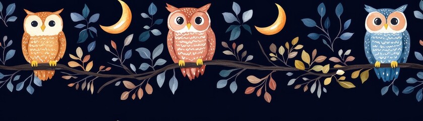 Colorful owls perched on a branch, night sky background, Tile , Seamless Pattern