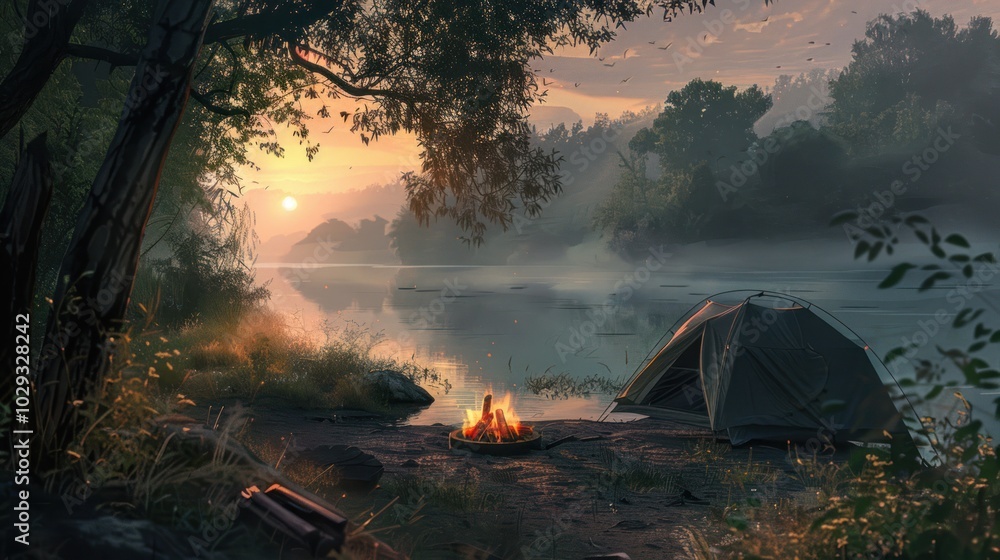 Canvas Prints A Campsite By A Lake At Dusk With A Burning Campfire