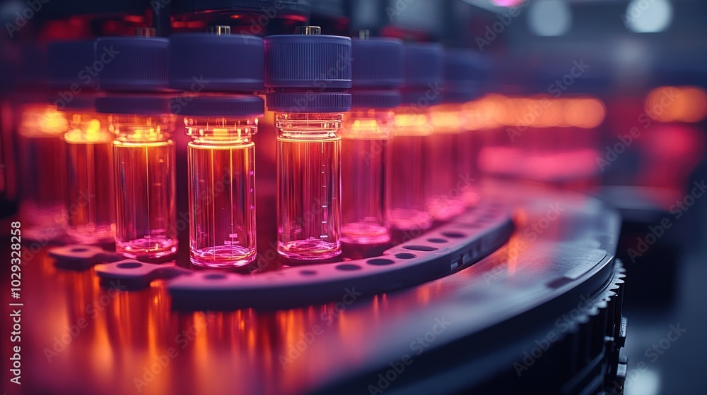Poster a close-up of illuminated vials on a production line in a laboratory setting.