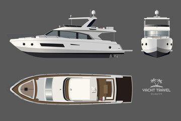 Isolated yacht drawing. Side, front and top views of private ship. Modern boat 3d blueprint. Cruise motorboat detailed art