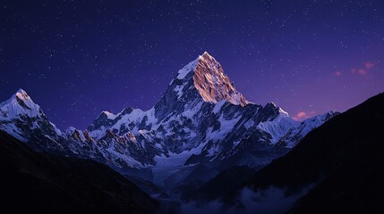  A stunning mountain top bathed in moonlight, surrounded by a sea of twinkling stars