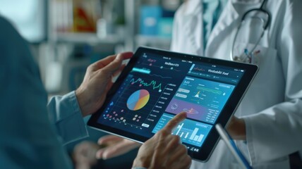 Healthcare professionals analyzing digital medical data on a tablet in a modern hospital setting