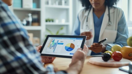 Healthcare professionals analyzing digital medical data on a tablet in a modern hospital setting