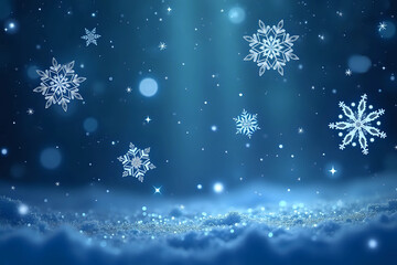 White snowflakes on midnight blue background. Christmas illustration for poster or banner - generative AI
