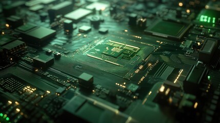 Fototapeta premium High-Tech Green Circuit Board with Illuminated Components in 3D Close-Up