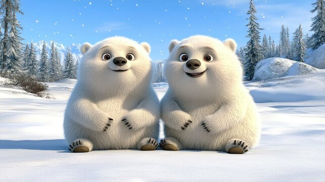 Two adorable baby bears embrace in a snowy setting, showcasing big expressive eyes and smiling faces while snowflakes gently fall around them in a charming winter landscape