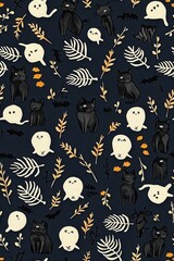 Cute Halloween patterns with black cats and spooky ghosts., Tile , Seamless Pattern