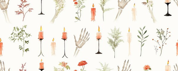 Decorative pattern with plants, candles, and skeleton elements., Tile , Seamless Pattern