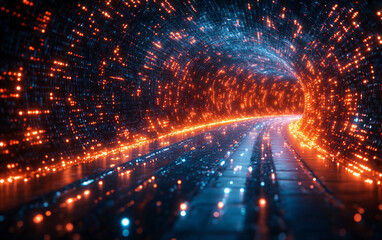 Obraz premium A dynamic futuristic scene showcasing glowing digital data streams and vibrant neon lights in a cityscape. The abstract light patterns depict the flow of information
