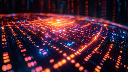A dynamic futuristic scene showcasing glowing digital data streams and vibrant neon lights in a cityscape. The abstract light patterns depict the flow of information