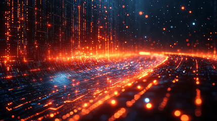 Fototapeta premium A dynamic futuristic scene showcasing glowing digital data streams and vibrant neon lights in a cityscape. The abstract light patterns depict the flow of information
