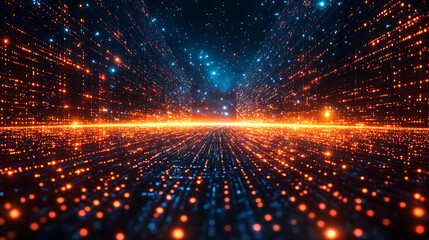 Obraz premium A dynamic futuristic scene showcasing glowing digital data streams and vibrant neon lights in a cityscape. The abstract light patterns depict the flow of information