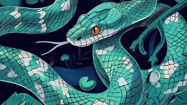 A green snake with red eyes is curled up on a leaf