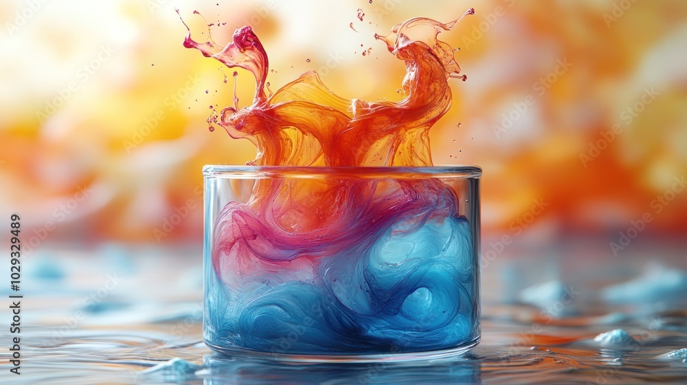Poster a colorful mixture of liquids creating dynamic splashes in a glass container.