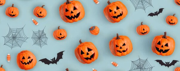 Halloween decoration with pumpkins, bats, and spider webs., Tile , Seamless Pattern