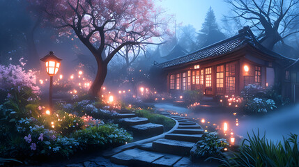 Beautiful Japanese architecture nestled in a magical cherry blossom grove.