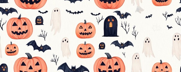 Halloween pattern with pumpkins, ghosts, and bats., Tile , Seamless Pattern
