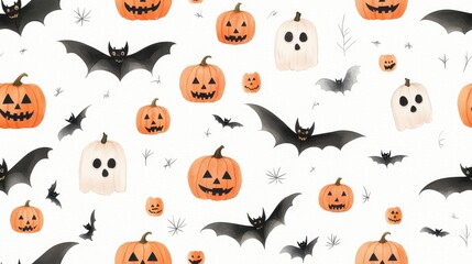 Halloween pattern with pumpkins and bats on white background., Tile , Seamless Pattern
