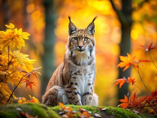 Fototapeta premium Eurasian Lynx Scanning Woodland in Autumn - Tilt-Shift Photography