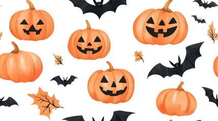 Halloween pumpkins and bats on white isolated background., Tile , Seamless Pattern