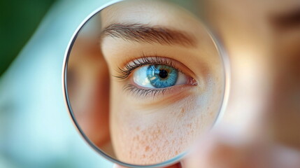 A person using a mirror to check their skin for unusual moles or changes, promoting early detection of skin cancer