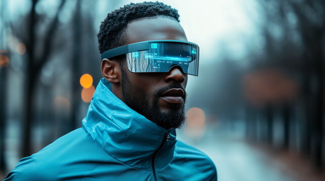 A runner wearing augmented reality fitness glasses that display workout stats and navigation while on the move
