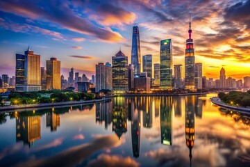 Fototapeta premium Evening Cityscape with Skyscrapers and River Reflection at Dusk