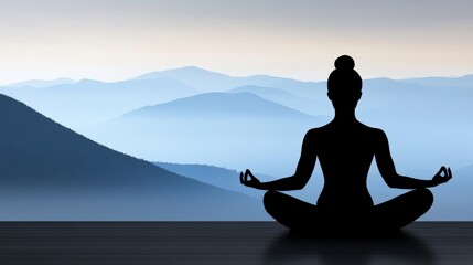 Tranquil Mountain Meditation: A silhouette of a woman meditating in a serene mountain setting, capturing the essence of peace and tranquility.  