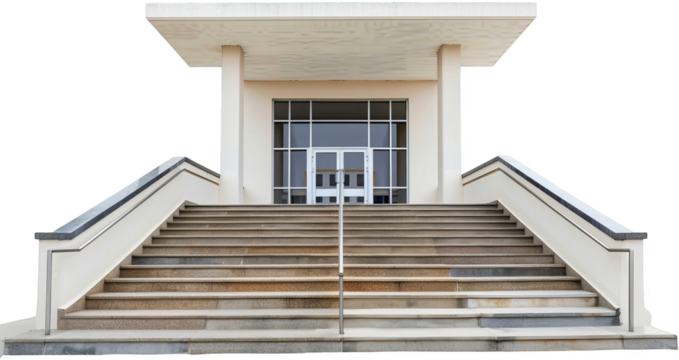 Inviting School Entrance - Modern Educational Building Stairway Isolated on White Background