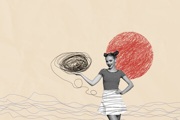 Creative collage picture young cheerful pretty girl mental issues disorder hold drawing doodles...