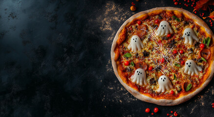 Halloween pizza with ghosts, spider webs, and pumpkins on a dark background, top view