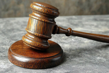 Wooden judge gavel on gray background. Design template for advertising legal companies, protection of their rights, litigation for property, divorce and lawyer services with space for text