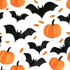 Naklejka premium Halloween themed pattern with bats and pumpkins on white background, Tile , Seamless Pattern