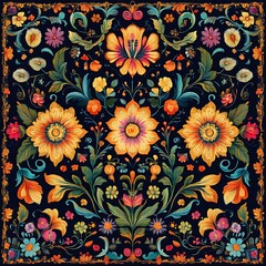 Elegant floral pattern featuring symmetrical madhubani folk art design elements image