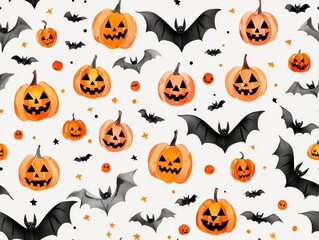 Naklejka premium Halloween themed pattern with pumpkins and bats on white background., Tile , Seamless Pattern