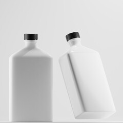 Two white, square-shaped bottles with black caps. One bottle is upright, while the other is tilted. They're likely cosmetic products, possibly lotions, body washes, or shampoos, designed for personal 