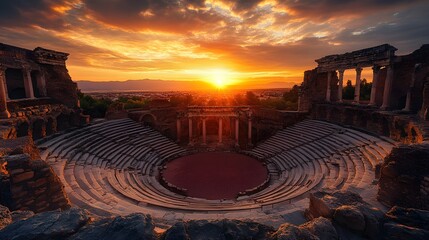 Roman Theatre in Cartagena at sunset, Murcia, Spain