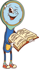 Groovy magnifying glass character winking eye and reading textbook. Isolated cartoon vector educational school personage. Funky retro magnifier loupe with cheerful face expression learning lesson