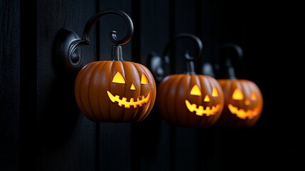 Obraz premium Spooky Glow: Three jack-o'-lanterns illuminate a dark wooden door with their eerie, glowing smiles, creating a captivating and festive Halloween ambiance. 