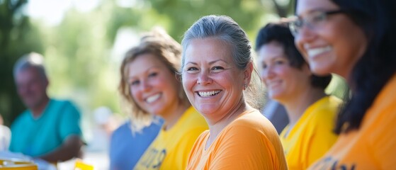 Cheerful multi ethnic group of adult volunteers wearing bright colored t shirts, gathered outdoors, representing community service and teamwork