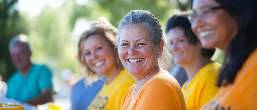 Cheerful multi ethnic group of adult volunteers wearing bright colored t shirts, gathered outdoors, representing community service and teamwork - Powered by Adobe