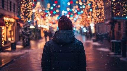 An illustration depicting loneliness, mental health issues or depression at Christmas time, showing a person alone looking sad surrounded by Christmas lights and decorations, wide landscape 16:9