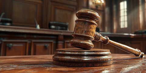 Wooden gavel of judge against the background of the courtroom. Banner template for advertising legal companies, protection of their rights, litigation for property, divorce and lawyer services with sp