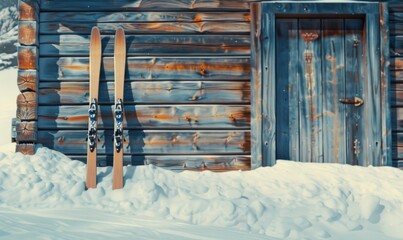 Skis leaning against the cabin wall, 4K hyperrealistic photo