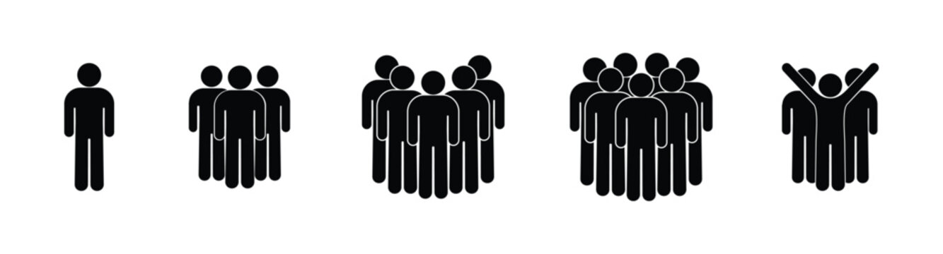 stickman icon set, leader of group of people, isolated pictogram of human silhouettes	
